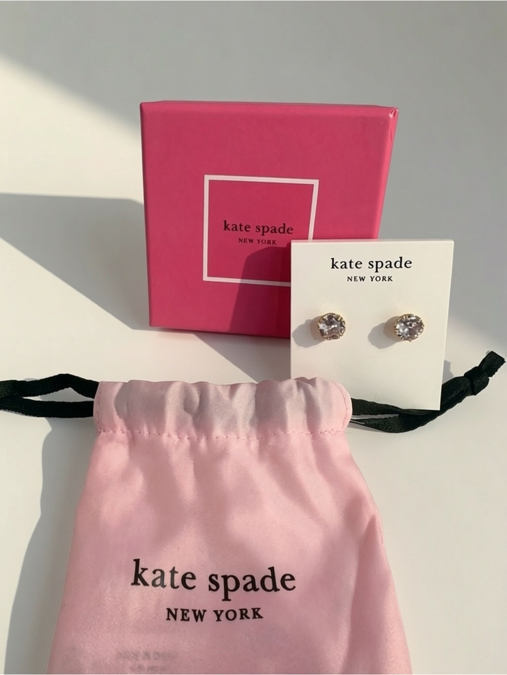 NWT Kate Spade Clear Crystal Gold Tone Stud Earrings Gift Box & Dust Bag